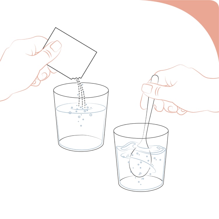 Illustration of stirring a drink, part of dosing instructions for AQNEURSA